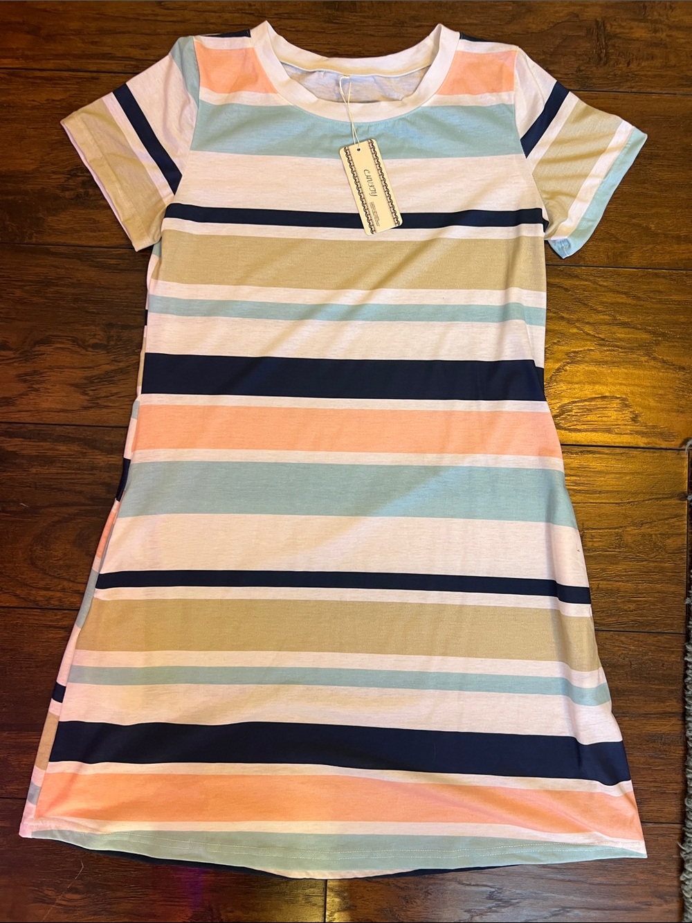 Striped Pastel T-Shirt Dress with Navy Accents